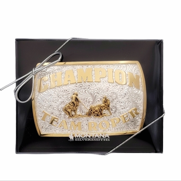 Montana Silversmiths Fine Silver Champion Team Roper Belt Buckle NEW Retail $130 - Picture 5 of 9